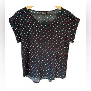 Papermoon Black Polka Dot Womens Lightweight High Low Rolled Cuff Blouse Sz SP